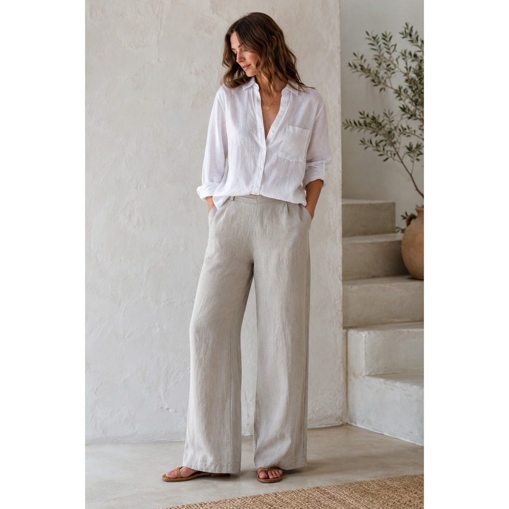 Flax 100% Linen Wide Leg Pants Medium - Large Taupe Tan Elastic Waist Lagonlook - Picture 15 of 15